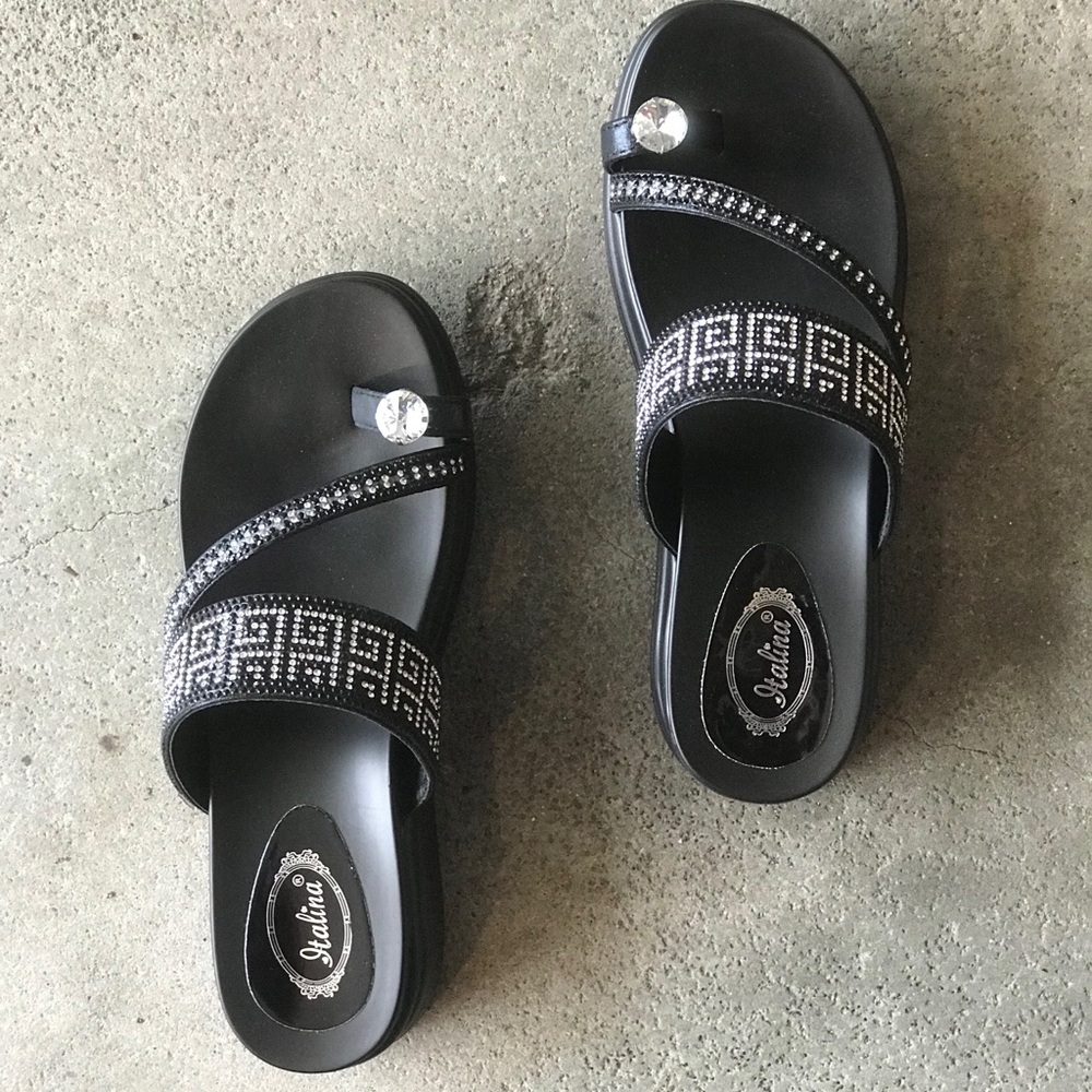 Italina Black & Silver Toe Bling Wedge SANDAL - Picture 6 of 8